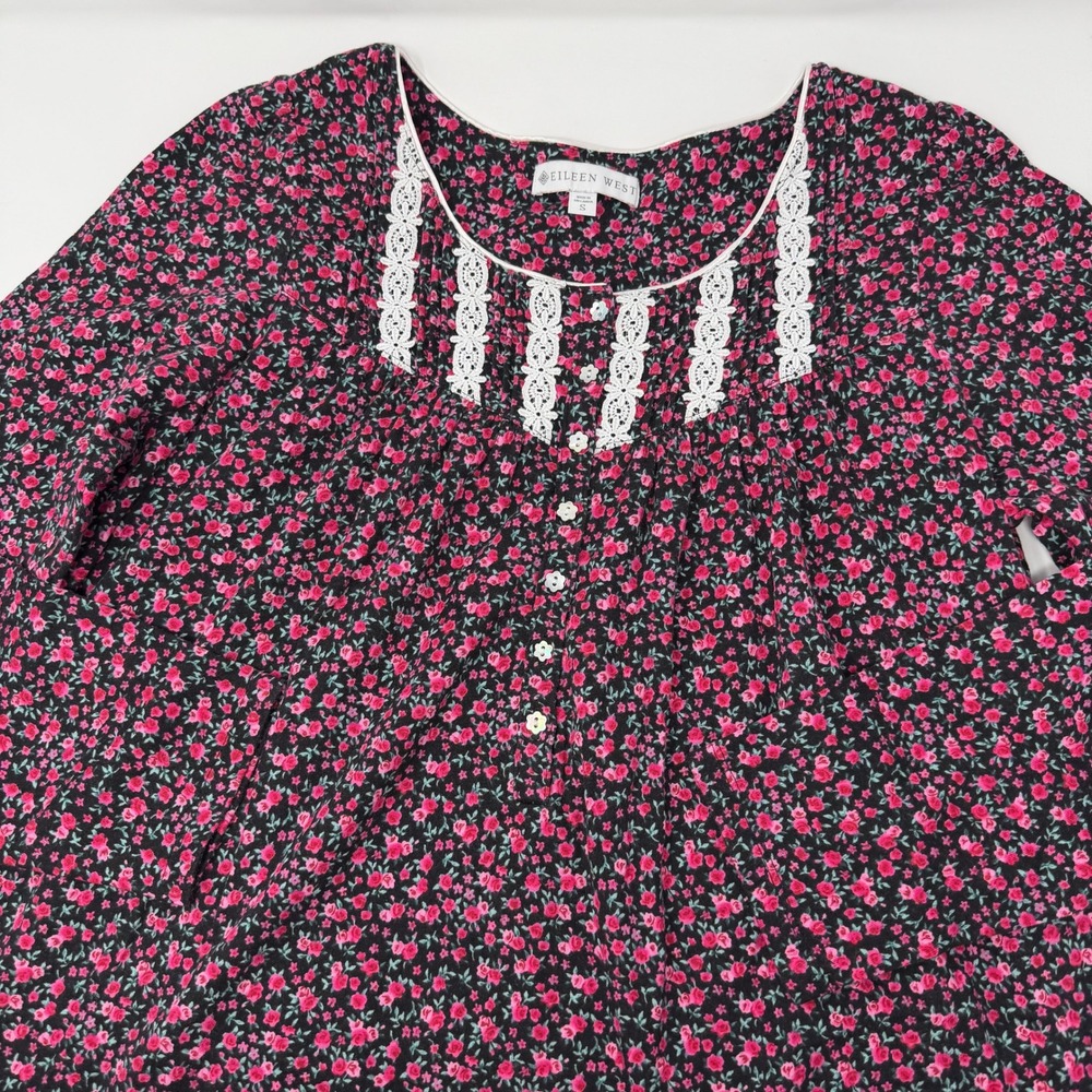 Eileen West Pink Floral Cotton Jersey Long Sleeve Nightgown Lace Trim Small